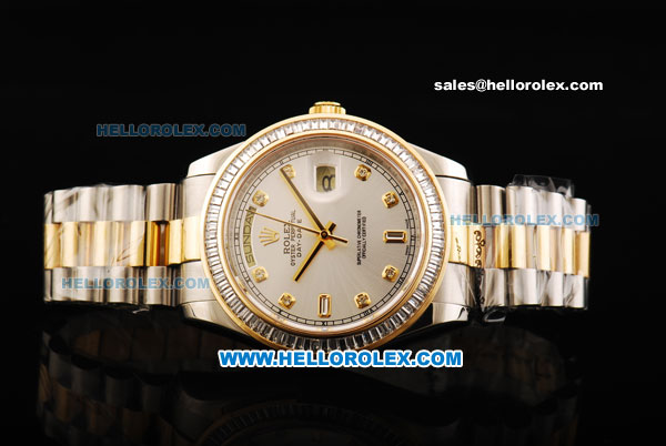 Rolex Day Date II Oyster Perpetual Automatic Movement White Dial with Diamond Bezel - Diamond Markers and Two Tone Strap - Click Image to Close